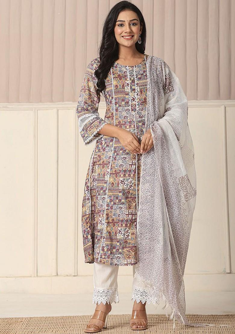 Beige Printed Cotton Kurta Set