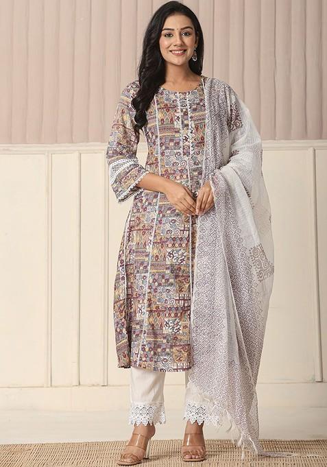 Beige Printed Cotton Kurta Set