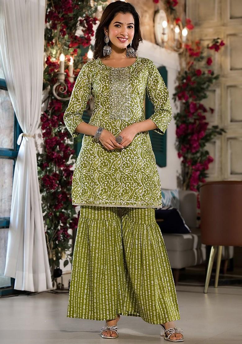 Olive Green Printed Cotton Kurta Set