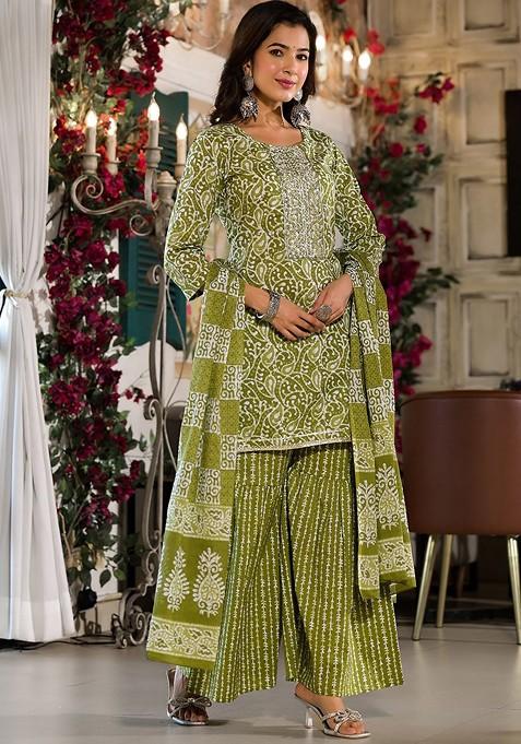 Olive Green Printed Cotton Kurta Set
