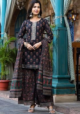 Black Printed Cotton Kurta Set