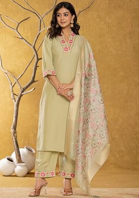 Green Embroidered Poly Blend Kurta Set
