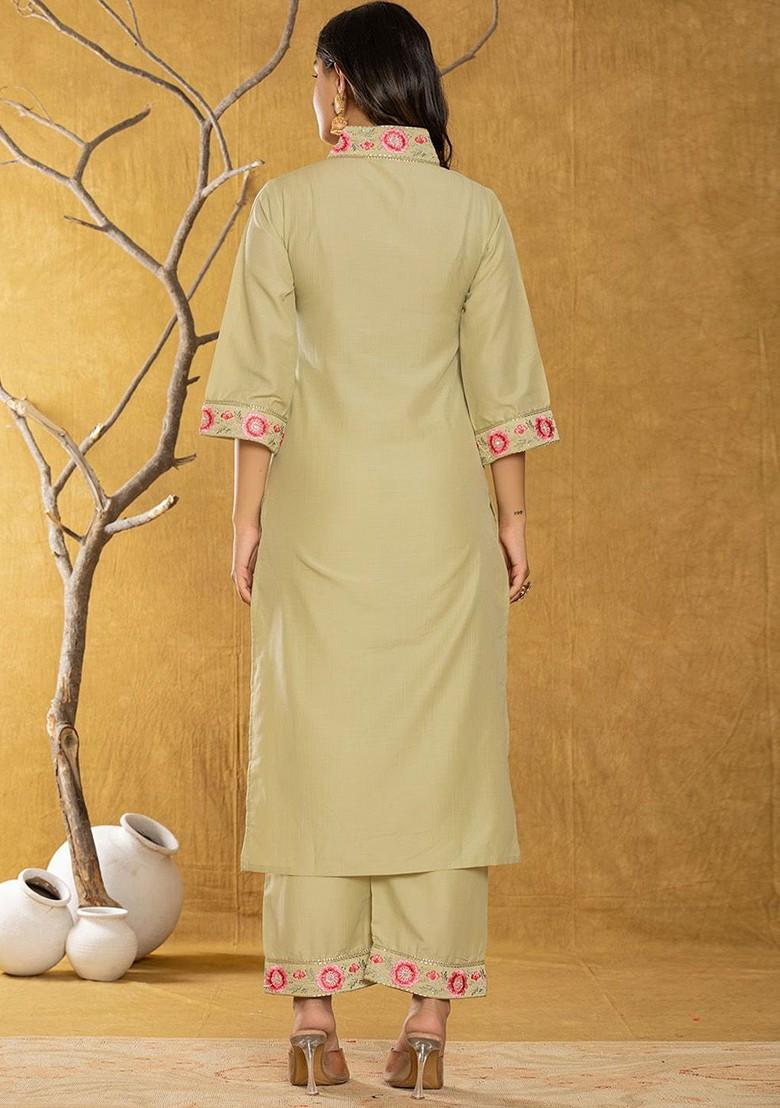 Green Embroidered Poly Blend Kurta Set