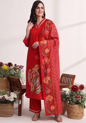 Red Embroidered Poly Blend Kurta Set
