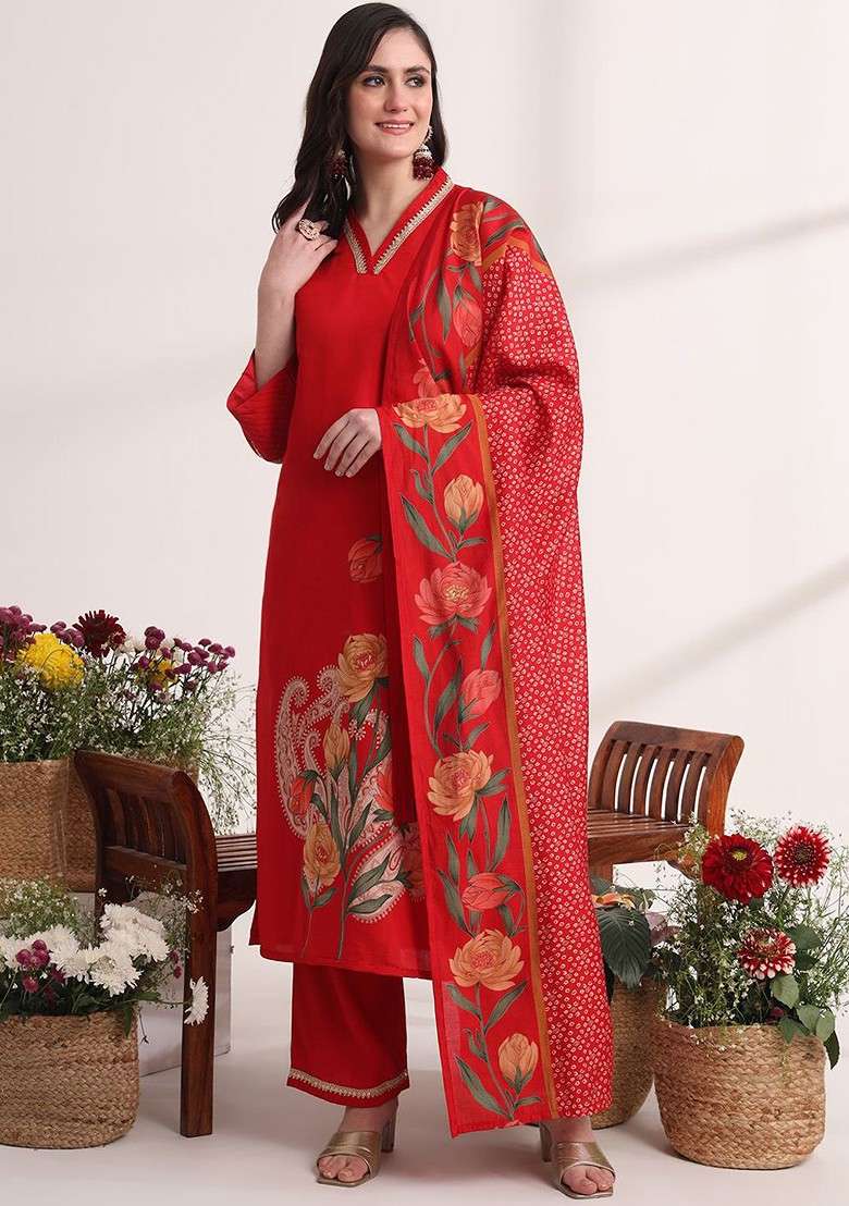Red Solid Blended Straight Kurta Set - Indya
