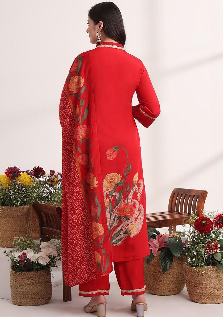 Red Embroidered Poly Blend Kurta Set