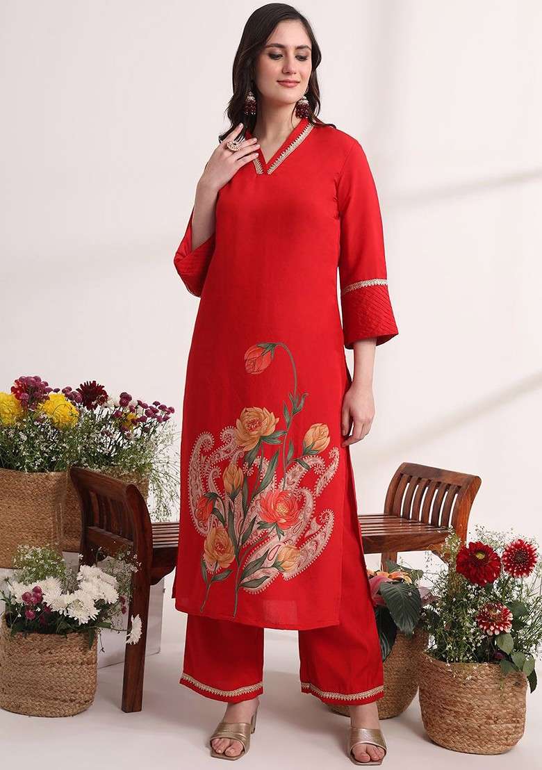 Red Solid Blended Straight Kurta Set - Indya