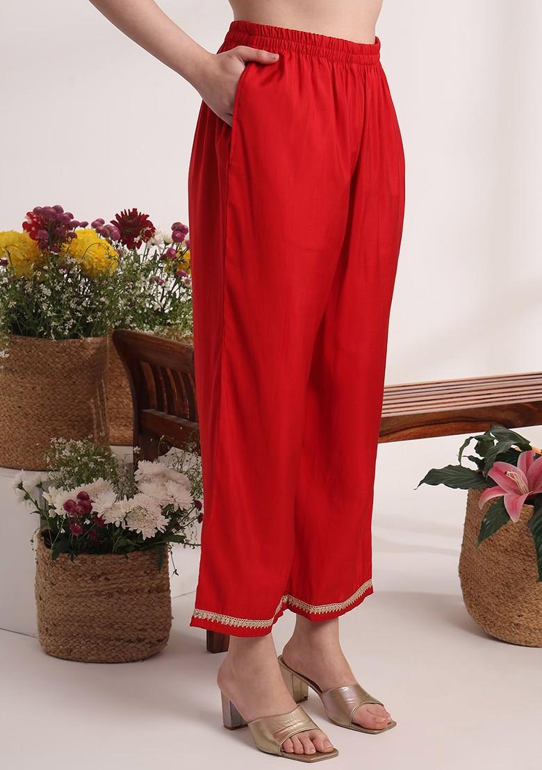 Red Embroidered Poly Blend Kurta Set