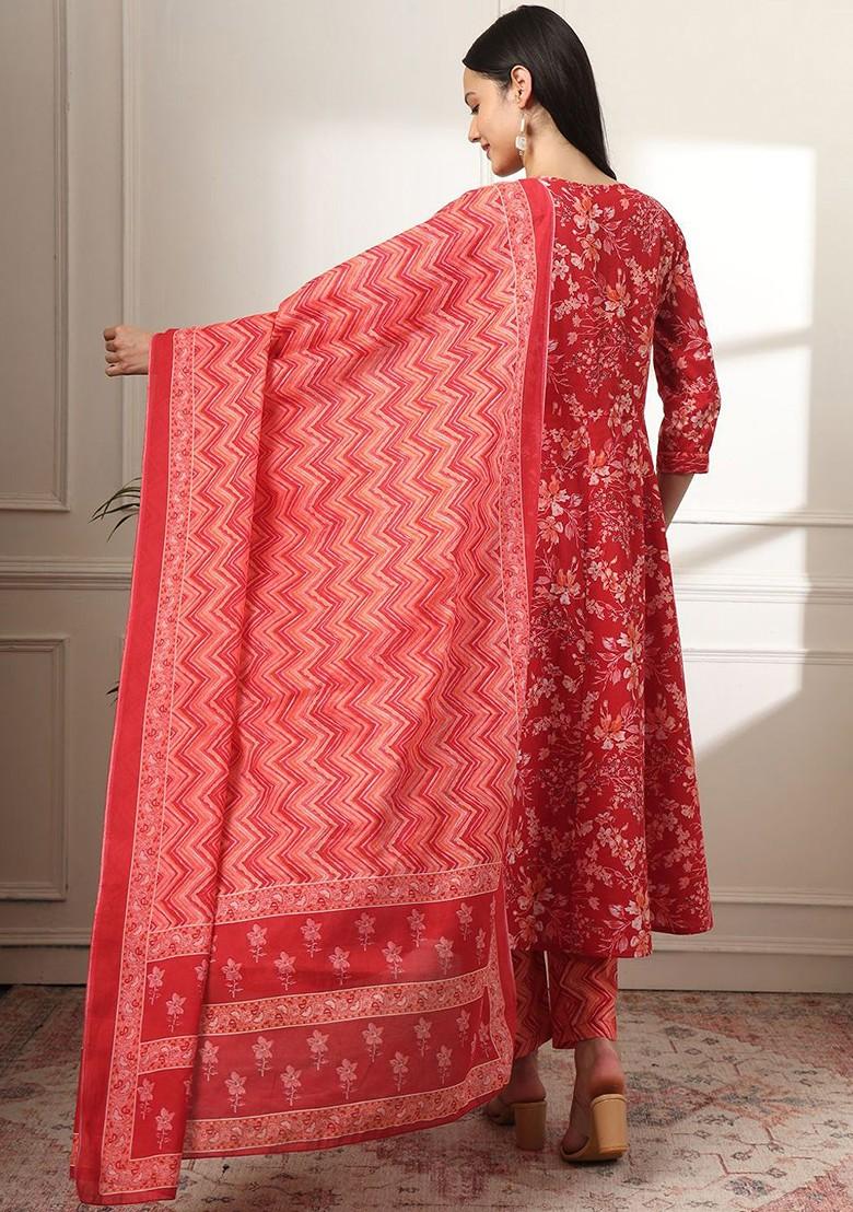 Red Printed Cotton Kurta Set