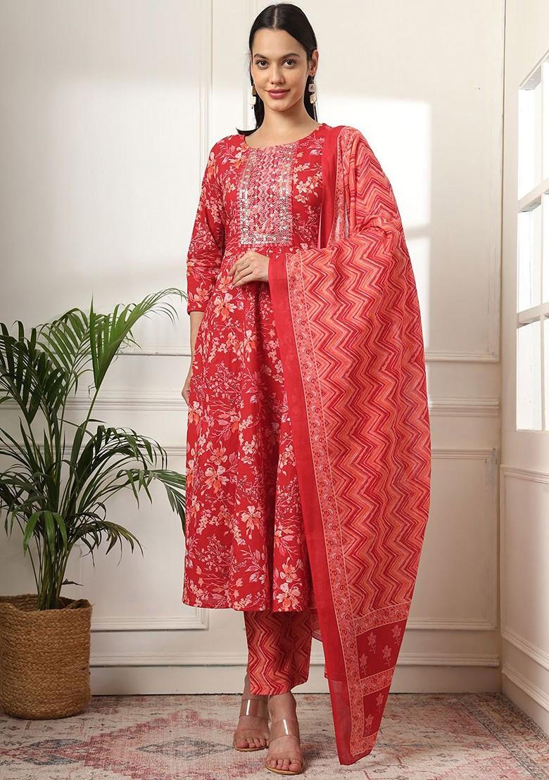 Red Printed Cotton Kurta Set