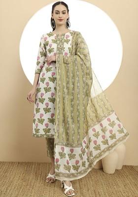 White Printed Cotton Kurta Set
