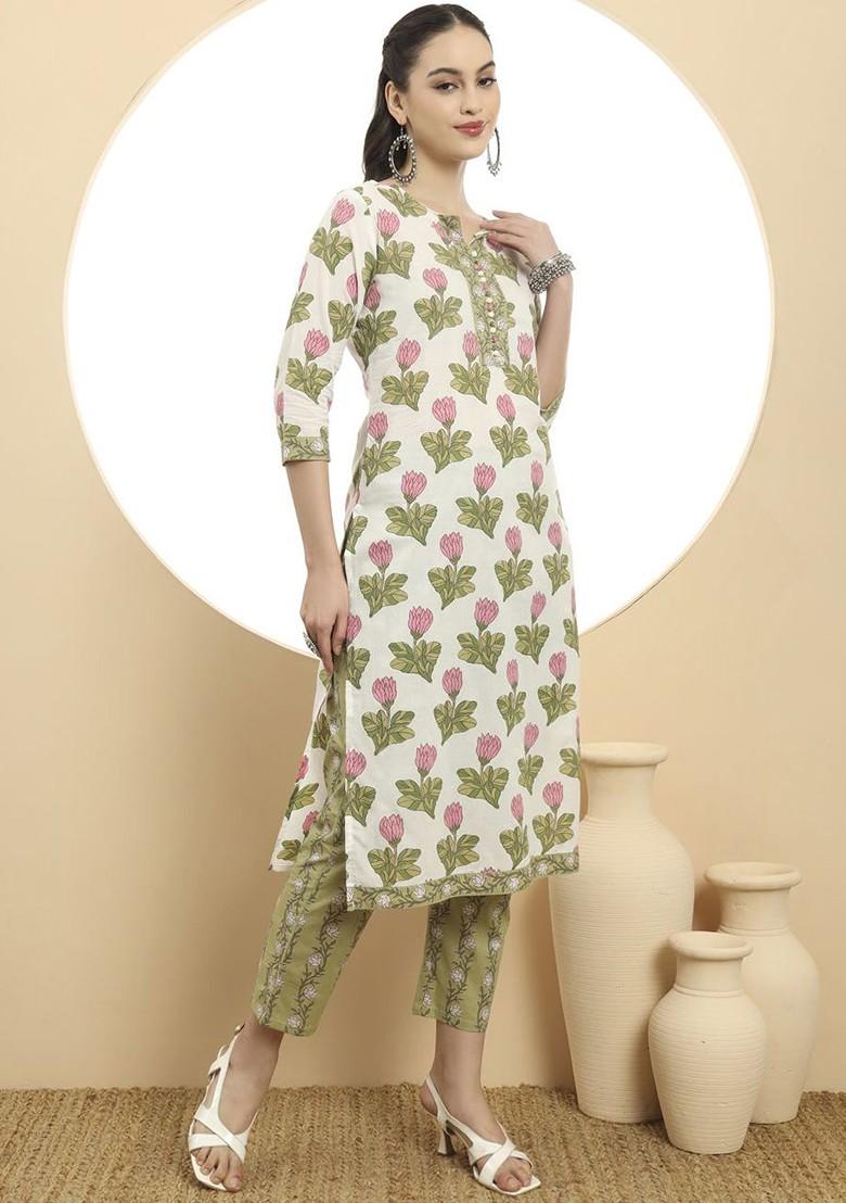 White Printed Cotton Kurta Set
