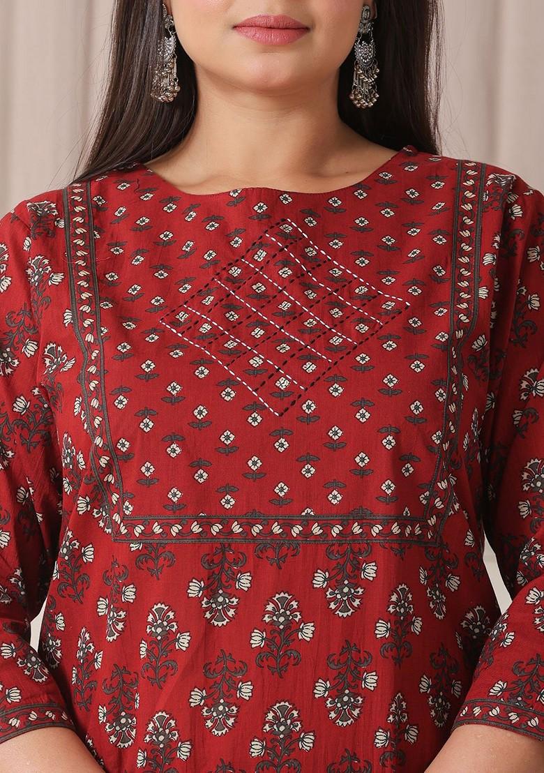Red Printed Cotton Kurta Set