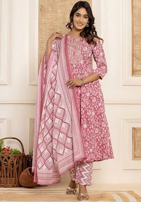 Purple Embroidered Cotton Kurta Set