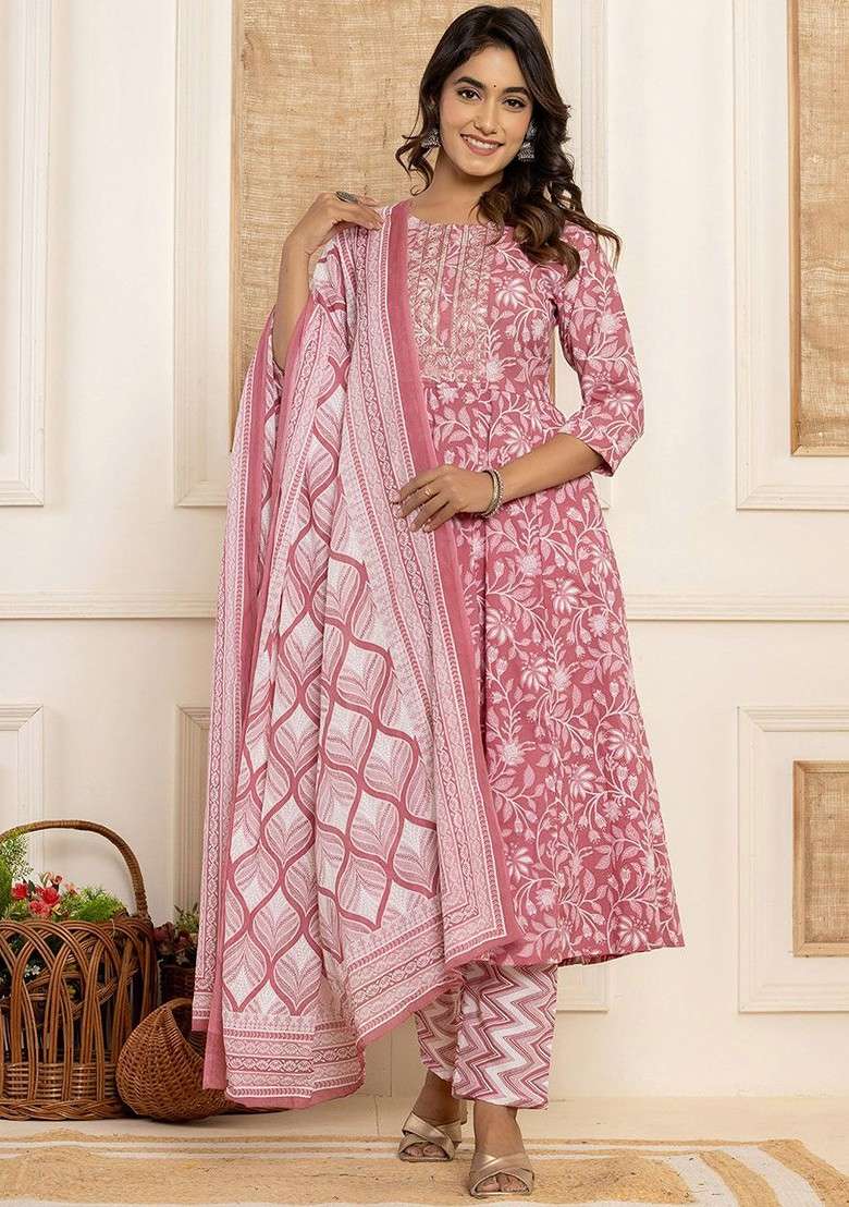 Purple Printed Cotton Straight Kurta Set - Indya