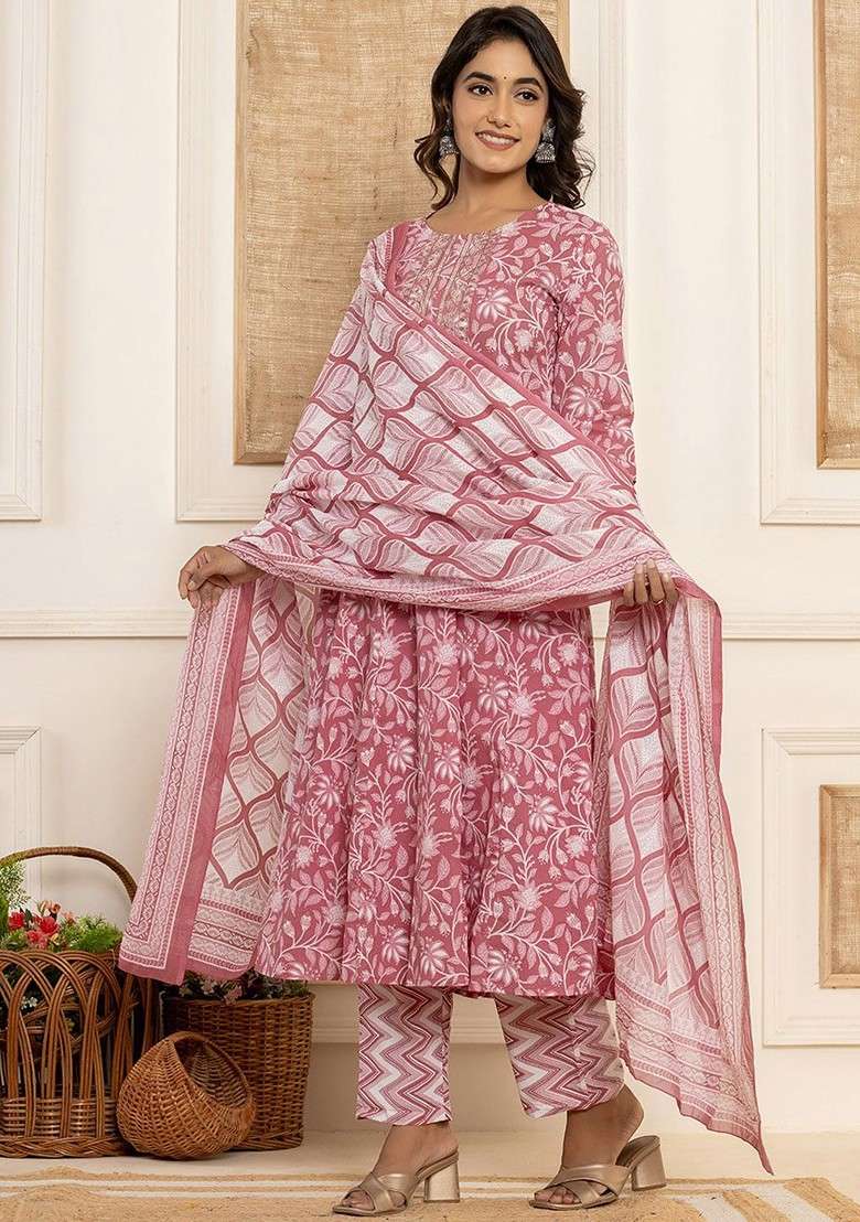 Purple Printed Cotton Straight Kurta Set - Indya