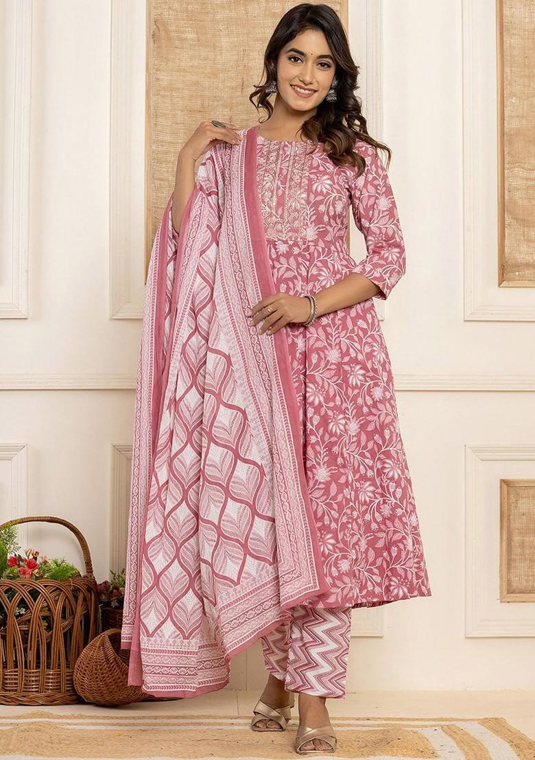 Purple Embroidered Cotton Kurta Set