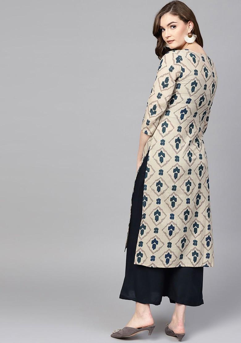 Beige Printed Poly Blend Kurta Set