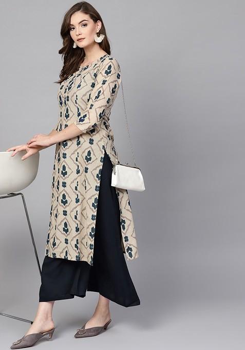 Beige Printed Poly Blend Kurta Set