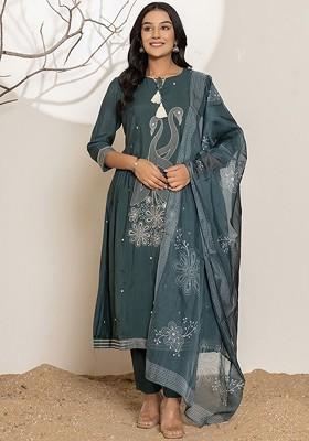 Green Embroidered Cotton Kurta Set