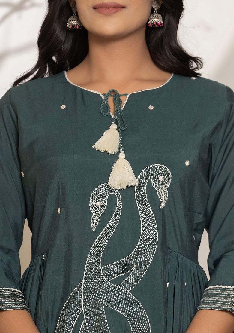 Green Embroidered Cotton Kurta Set