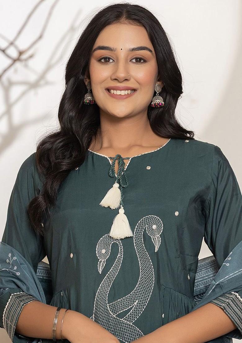 Green Embroidered Cotton Kurta Set