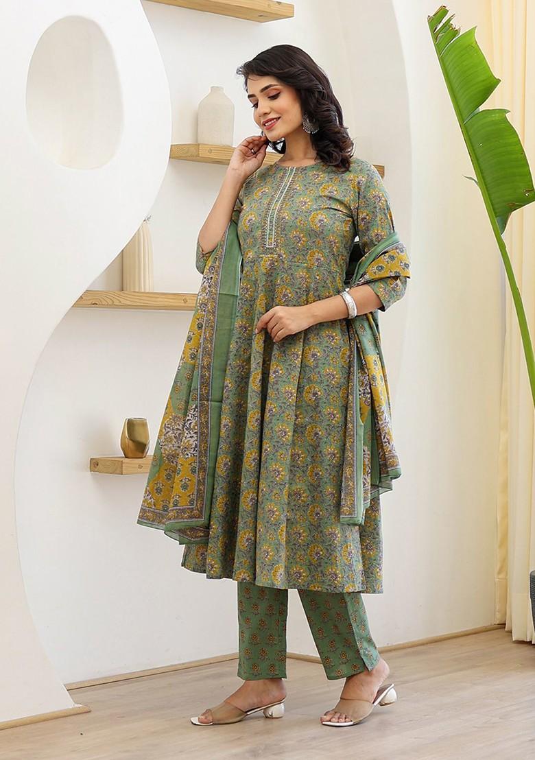 Green Printed Cotton Kurta Set