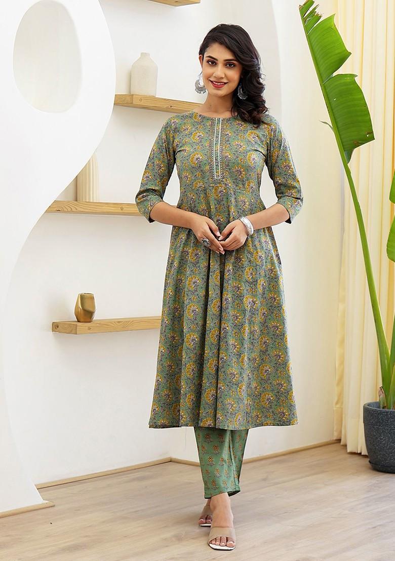 Green Printed Cotton Kurta Set
