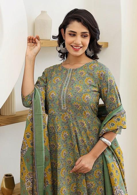Green Embroidered Cotton Anarkali Set — view on Indya