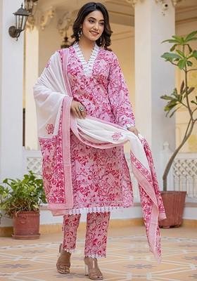 Pink Printed Cotton Kurta Set