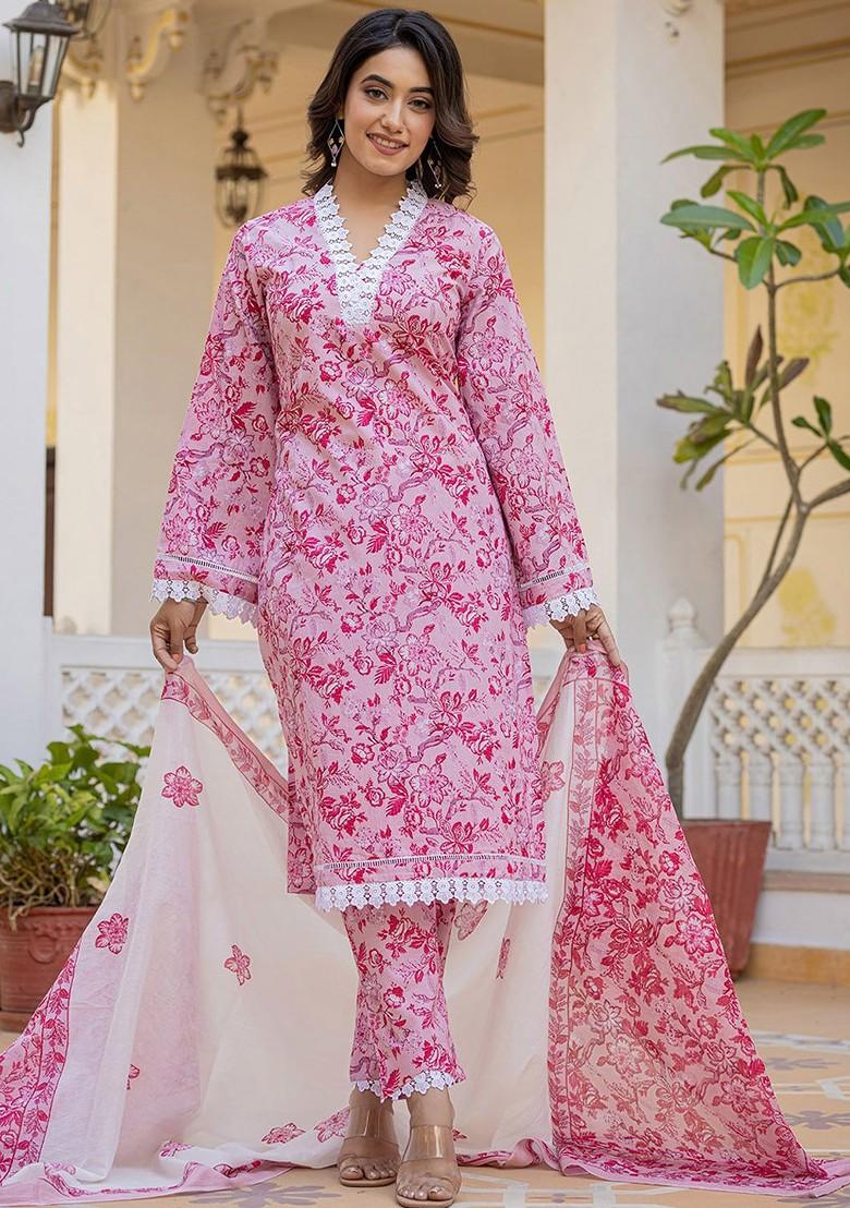 Pink Printed Cotton Kurta Set