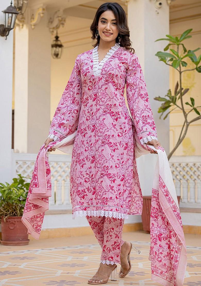 Pink Printed Cotton Kurta Set