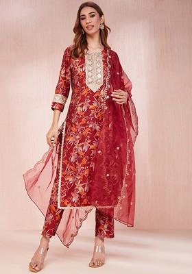 Maroon Printed Poly Blend Kurta Set