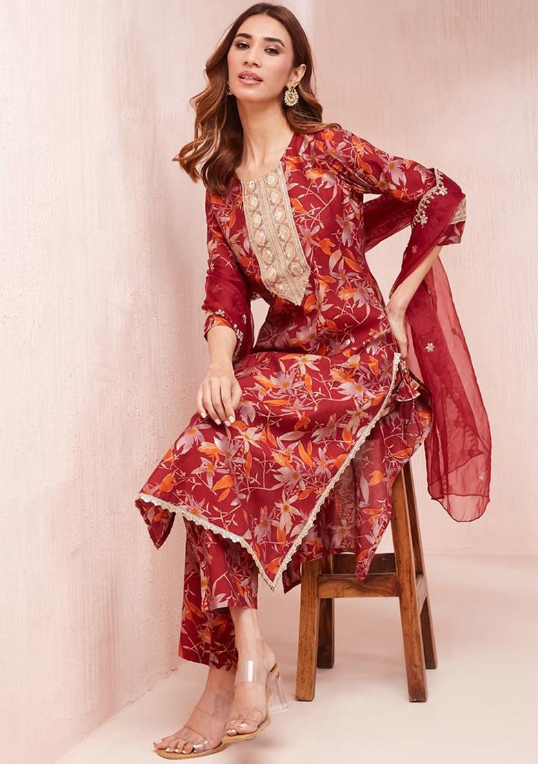 Maroon Printed Poly Blend Kurta Set