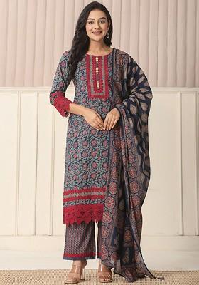 Blue Printed Cotton Kurta Set