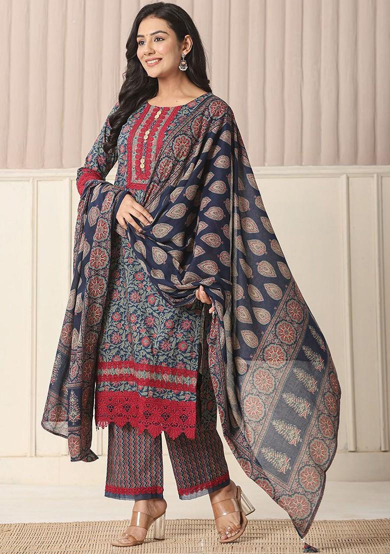 Blue Printed Cotton Kurta Set