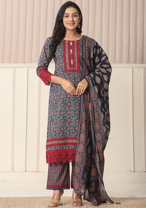 Blue Printed Cotton Kurta Set