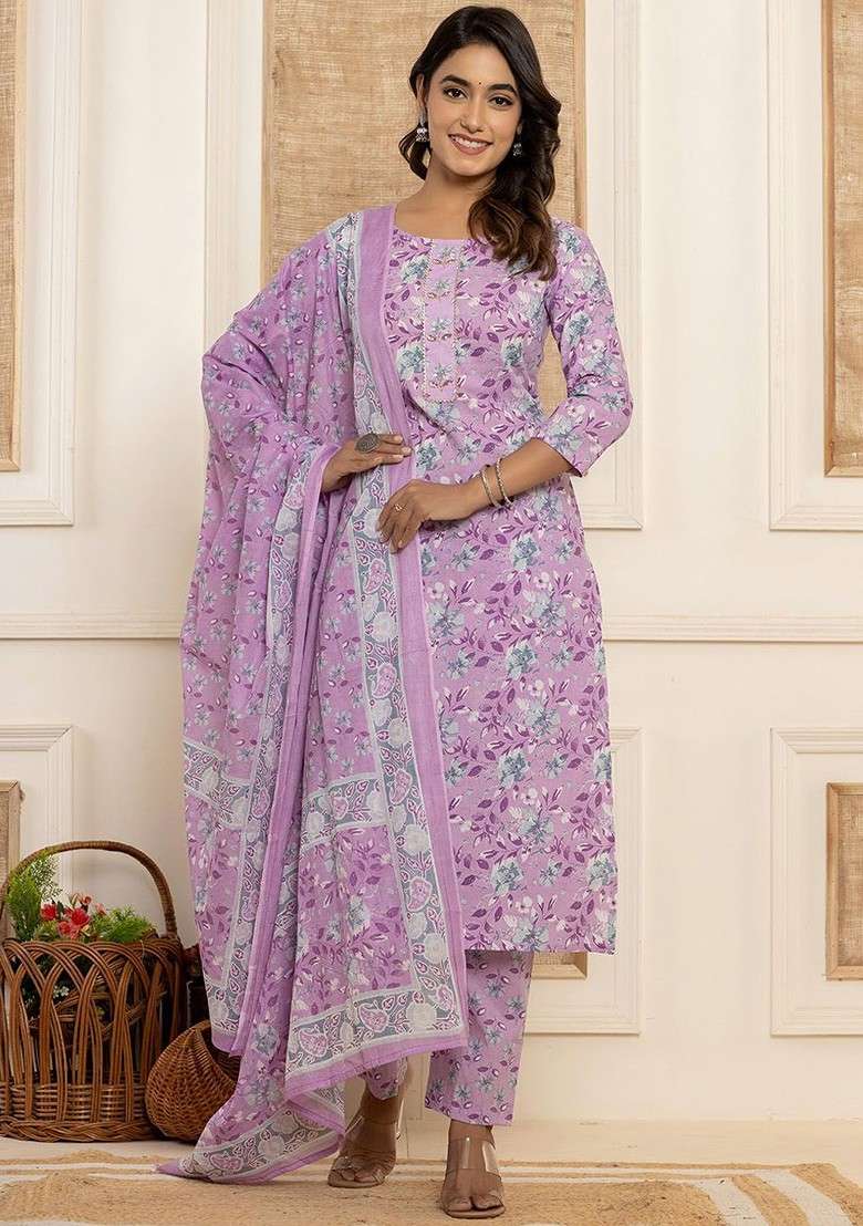 Purple Printed Cotton Kurta Set - Indya