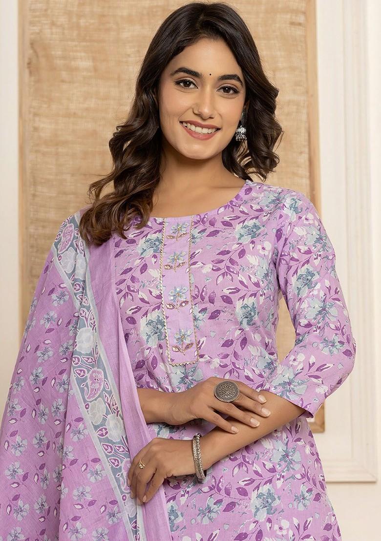 Purple Printed Cotton Kurta Set