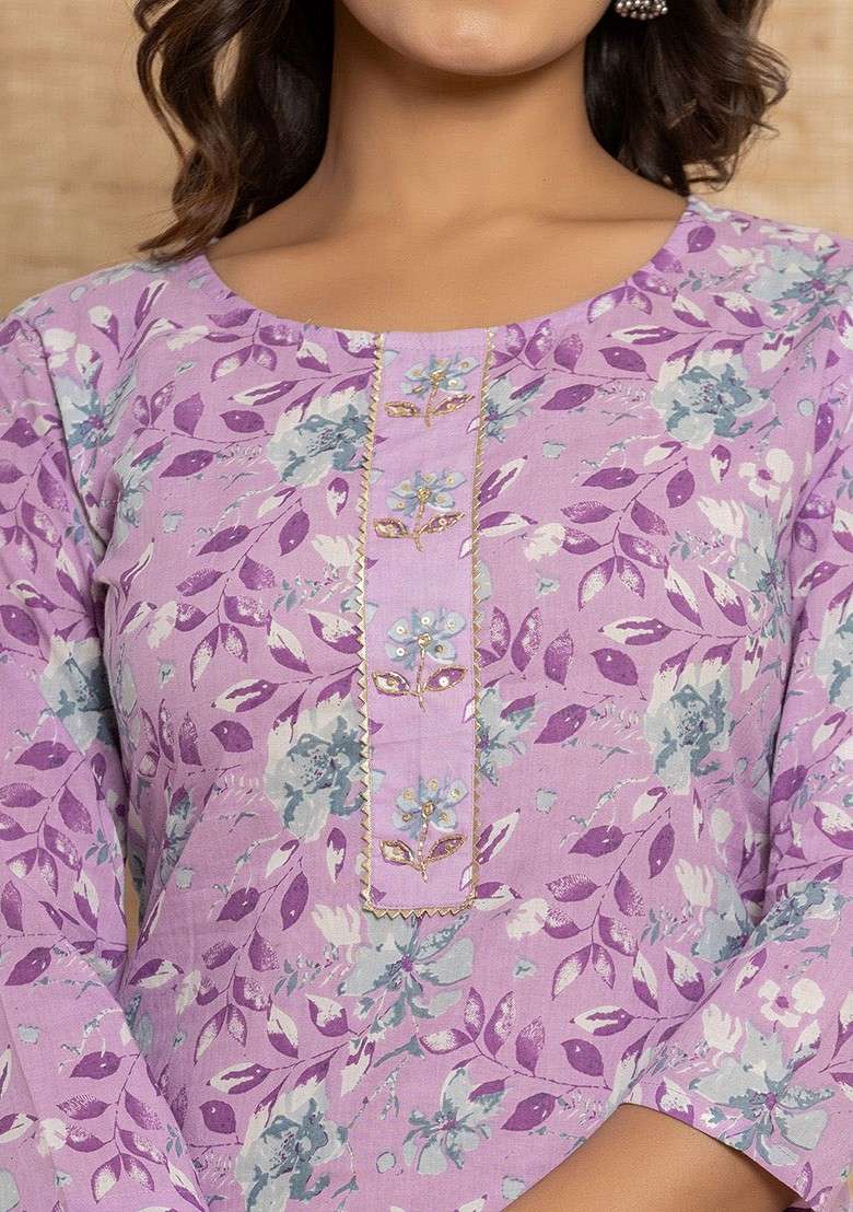 Purple Printed Cotton Kurta Set - Indya