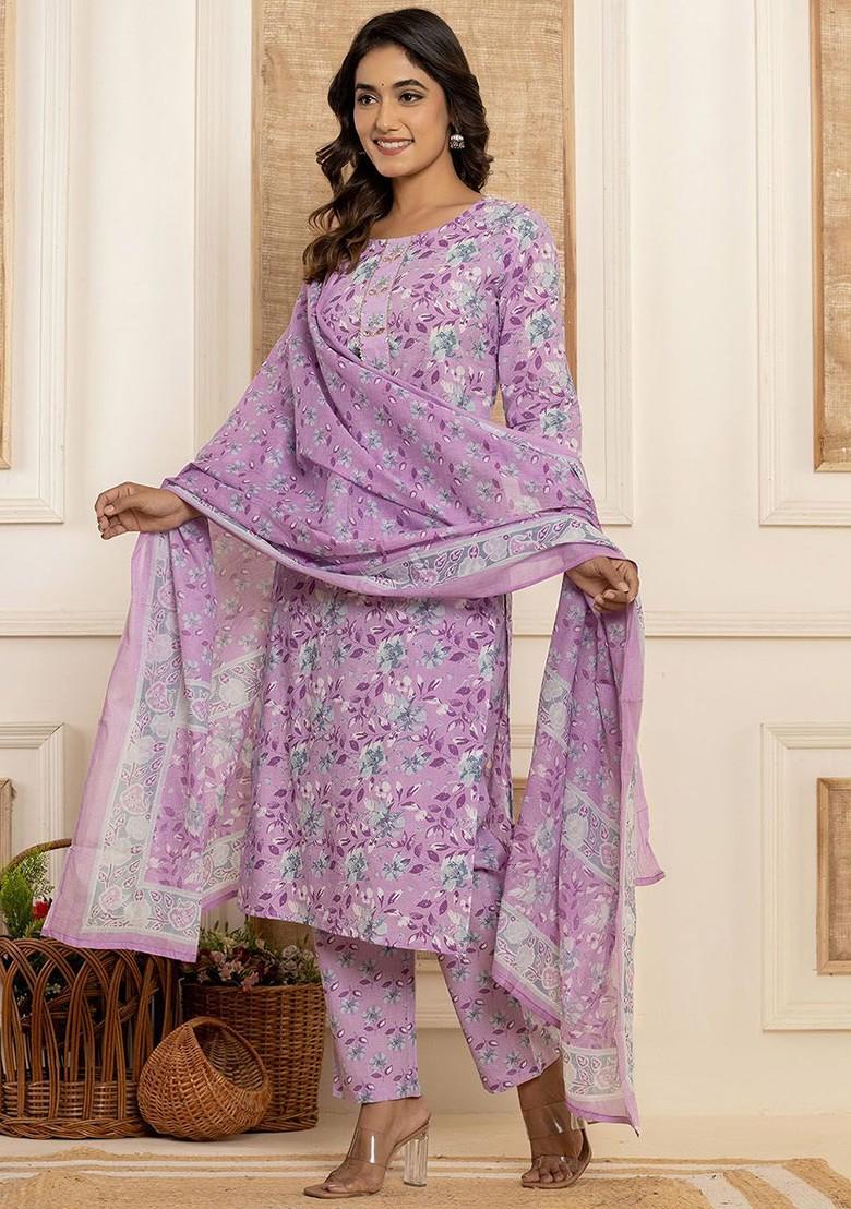 Purple Printed Cotton Kurta Set