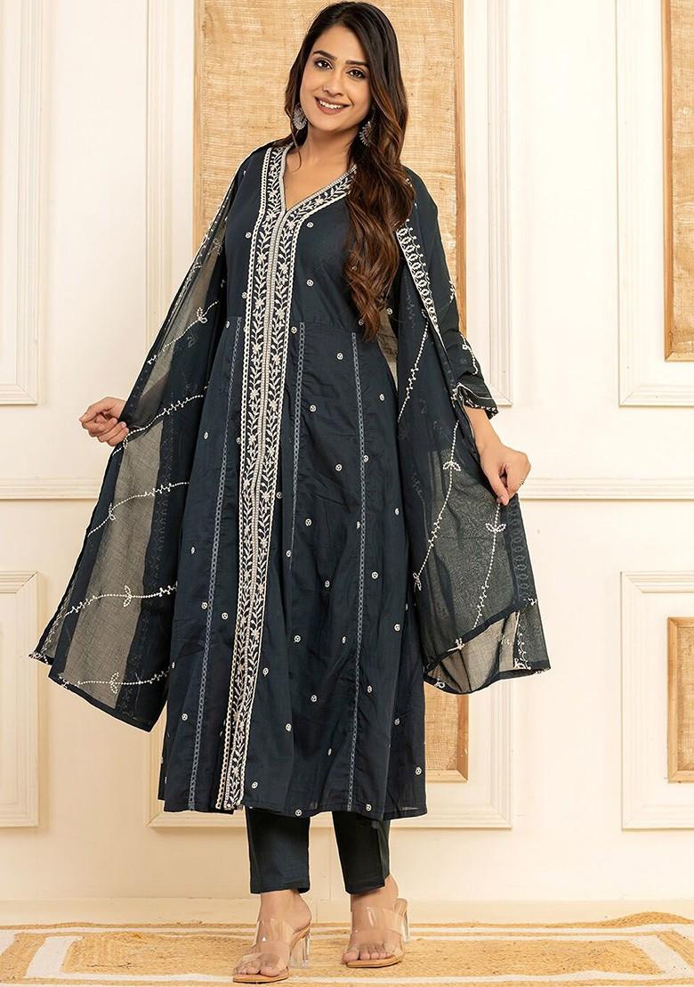 Blue Embroidered Cotton Kurta Set