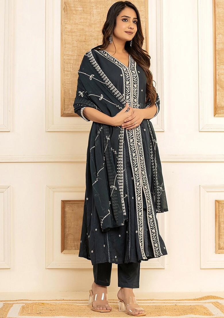 Blue Embroidered Cotton Kurta Set