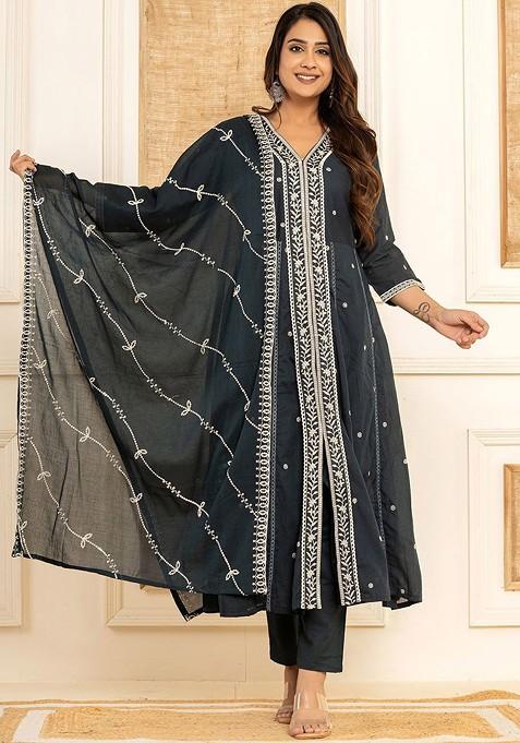 Blue Embroidered Cotton Kurta Set