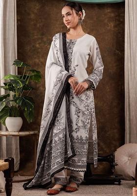 White Printed Cotton Kurta Set