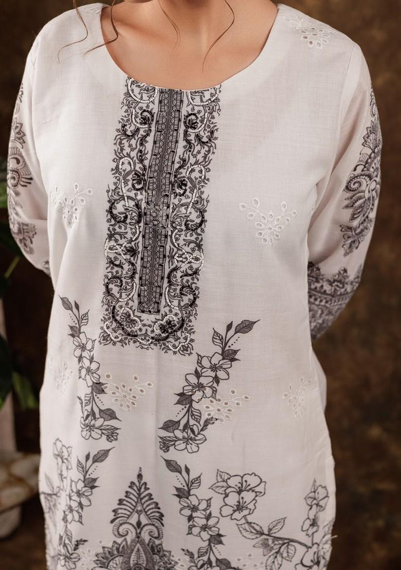 White Printed Cotton Kurta Set