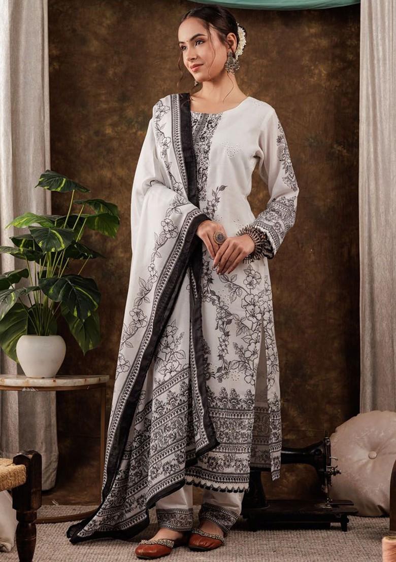 White Printed Cotton Kurta Set