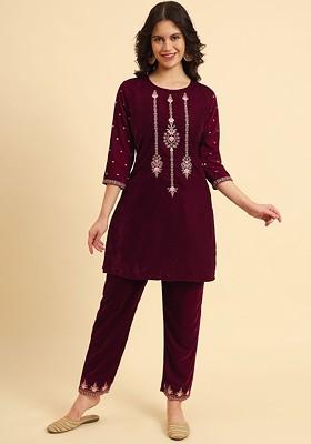 Pink Embroidered Poly Blend Co-Ord Set