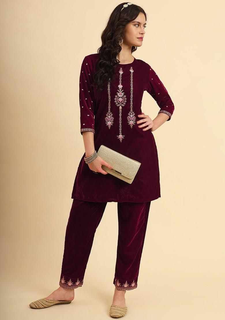 Pink Embroidered Poly Blend Co-Ord Set