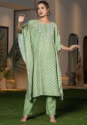 Green Embroidered Poly Blend Kurta Set